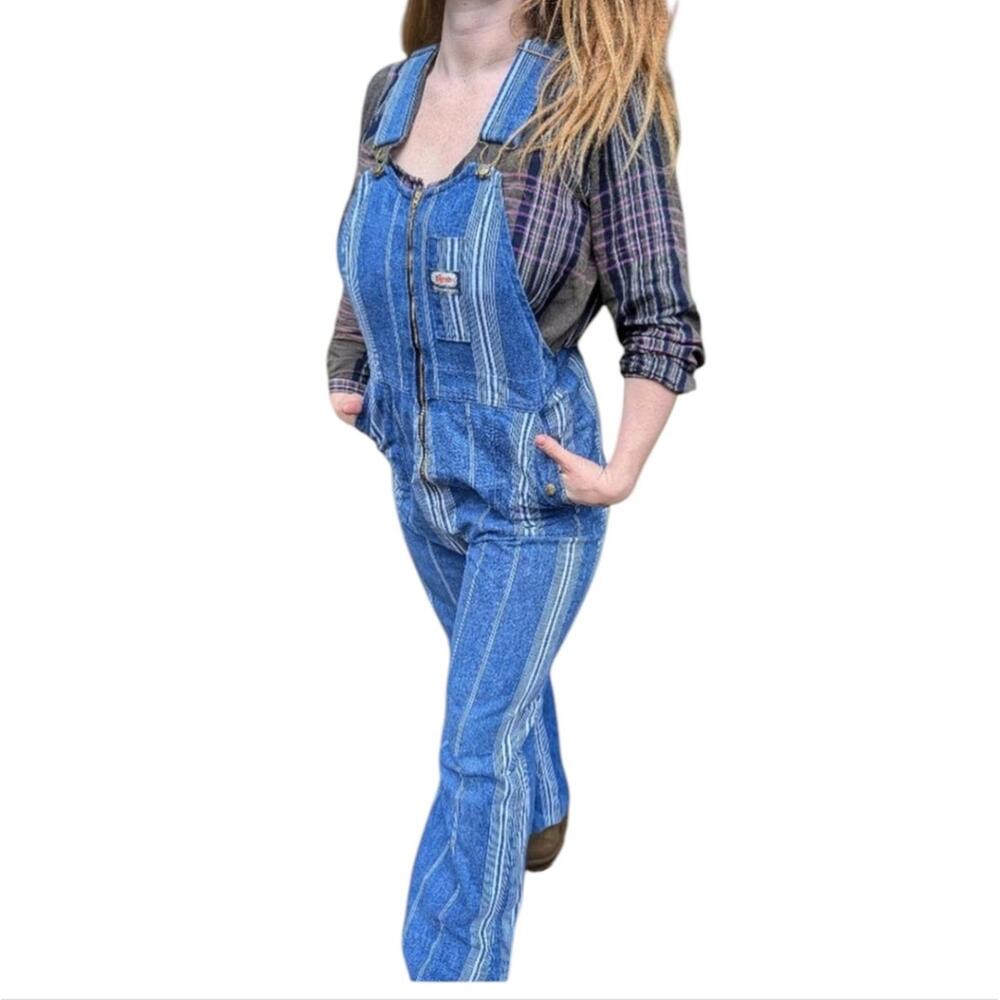 Vtg B'gosh Striped Flare Leg Elastic Rare Overalls Zip Front Ultra High Rise